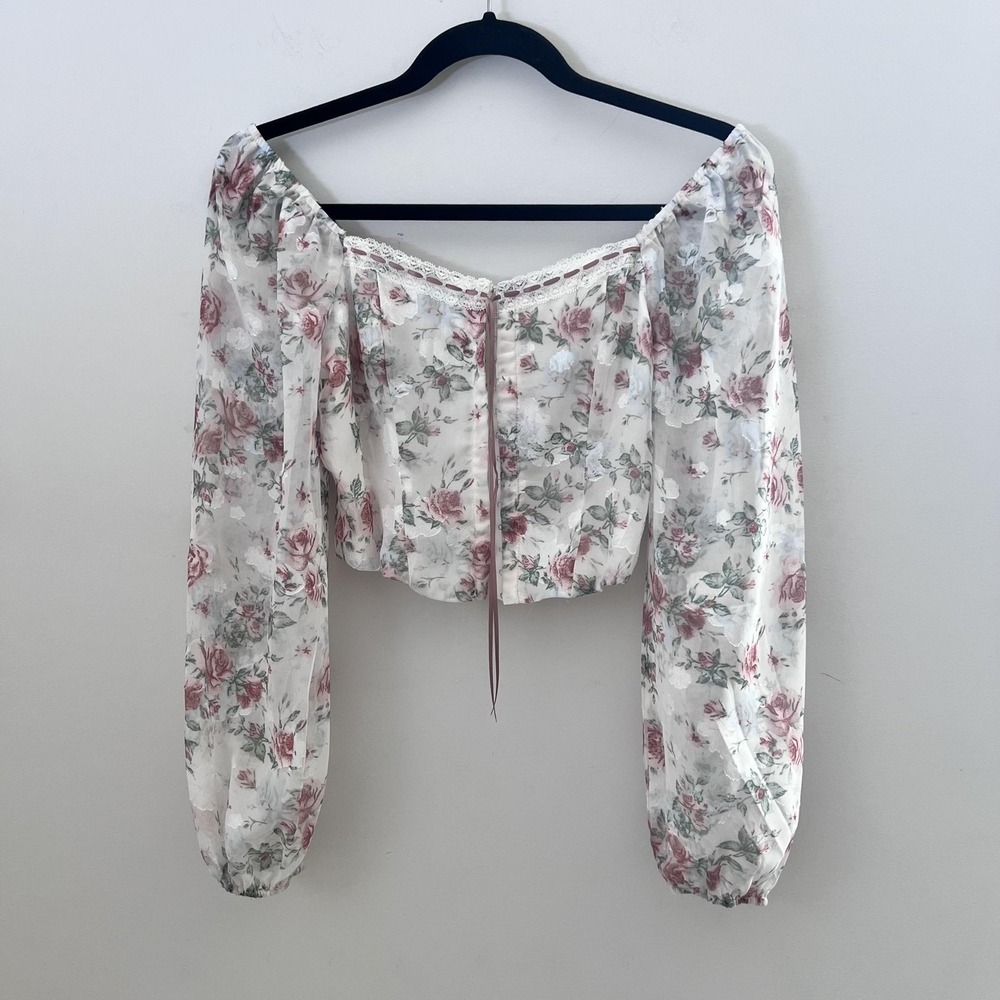 Womens Top XS White Rose Floral Off Shoulder Crop Fairy Coquette Cottage Boho